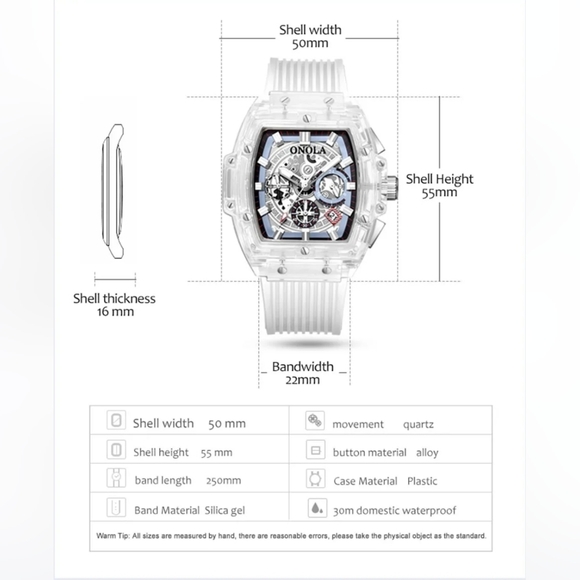 Transparent Clear Men Unisex Watch Skeleton Tonneau Hollow Fashion ONOLA Quartz - Picture 12 of 12